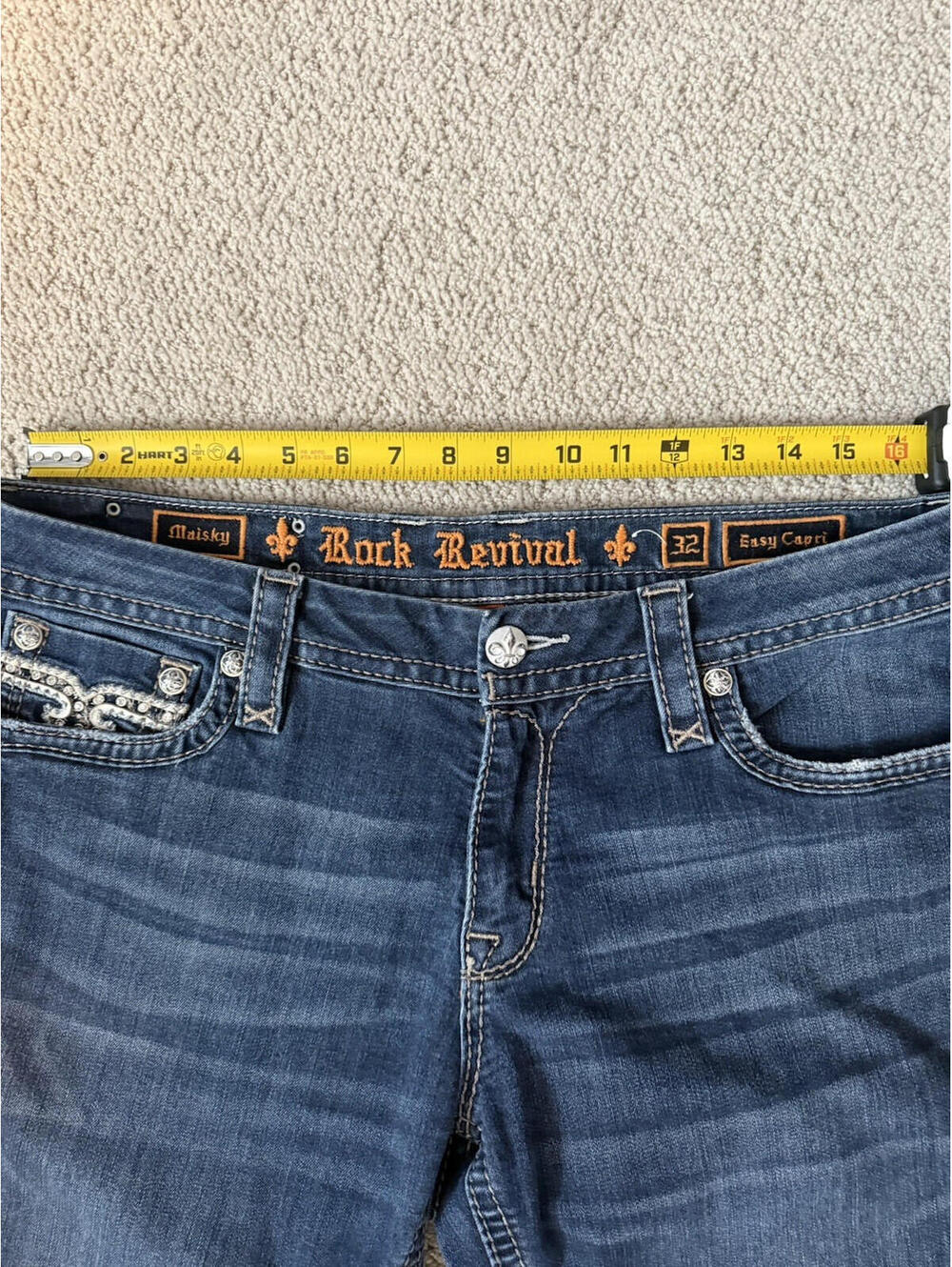 Rock Revival Jeans Womens 32 Blue Maisky Easy Capri Embellished Stretch Logo - Picture 8 of 12